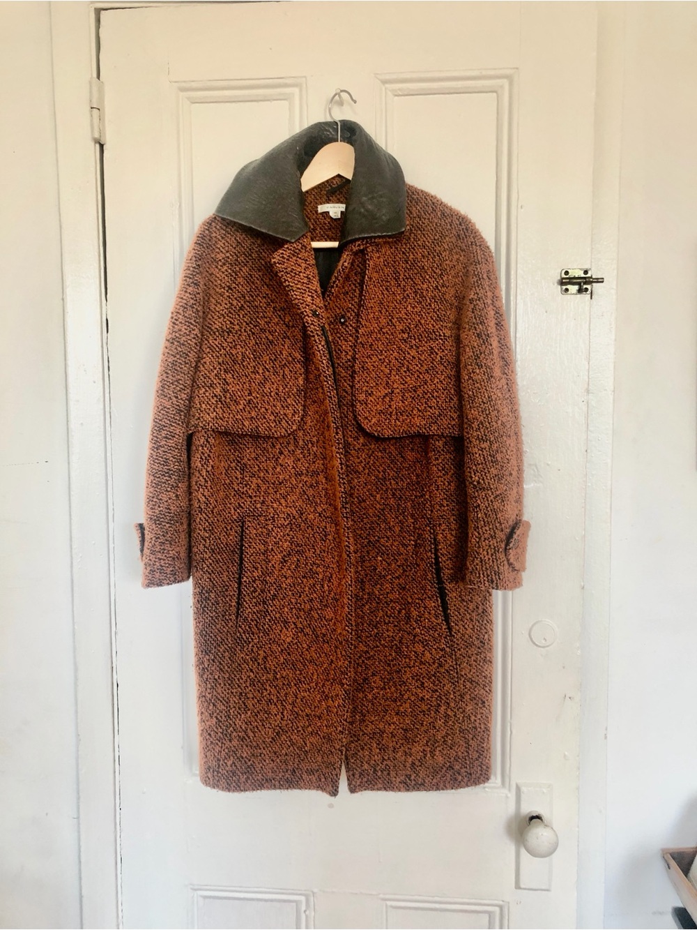 Carven Rust-Tweed Trench Coat with Dark Collar